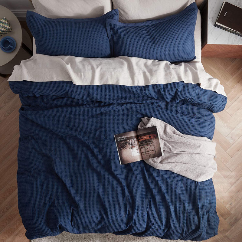 Essential Collection 100% Cotton Waffle Weave Duvet Cover Set, Queen Duvet Cover + 2 Standard Shams, Navy