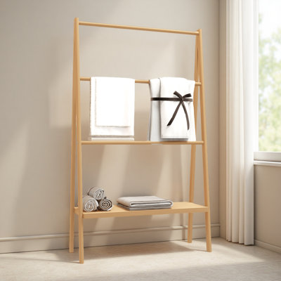 Bamboo Ladder Towel Rack With Storage Shelf