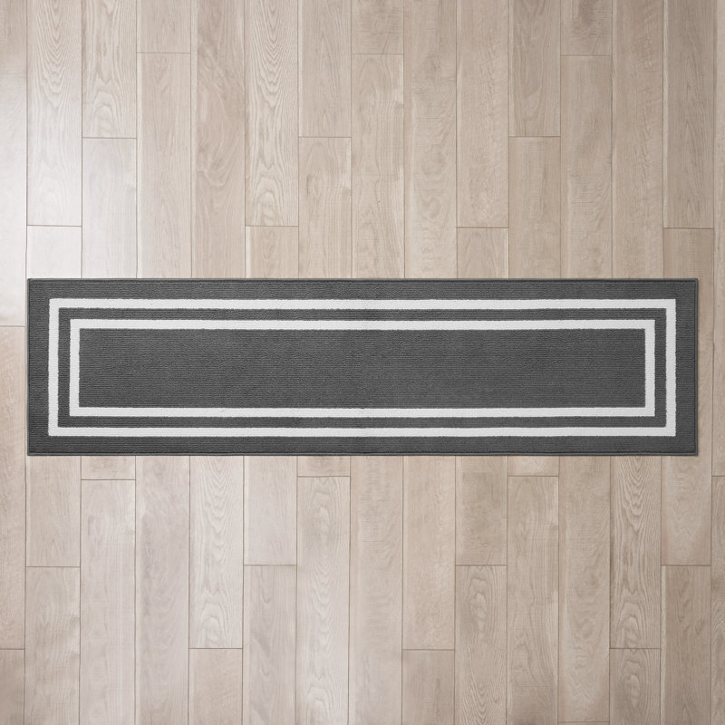 Double Border Machine Tufted Performance Dark Gray/White Rug, Runner 2'2" x 8'