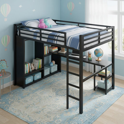Structure de lit double pleine grandeur avec garde-robe intégrée, lit mezzanine en métal avec bureau et tablettes de rangement pour la chambre à coucher