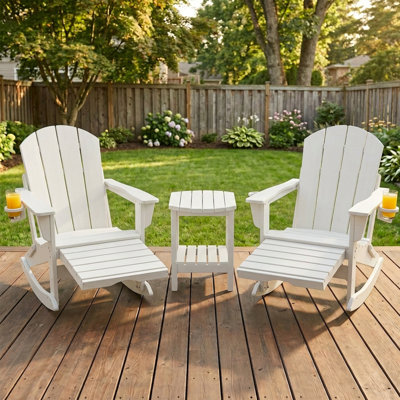 HDPE Foldable Adirondack Rocking Chairs With Retractable Ottoman & 2-Tier Oval HDPE Outdoor Side Table For Patio Garden Pool