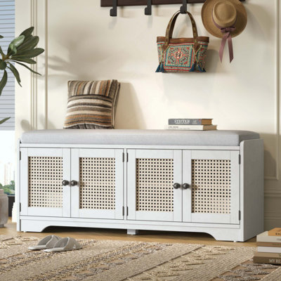 Rustic Storage Bench, Multifunctional Wood Entryway Shoe Bench with Removable Cushion, Woven Rattan Doors & Adjustable Shelves