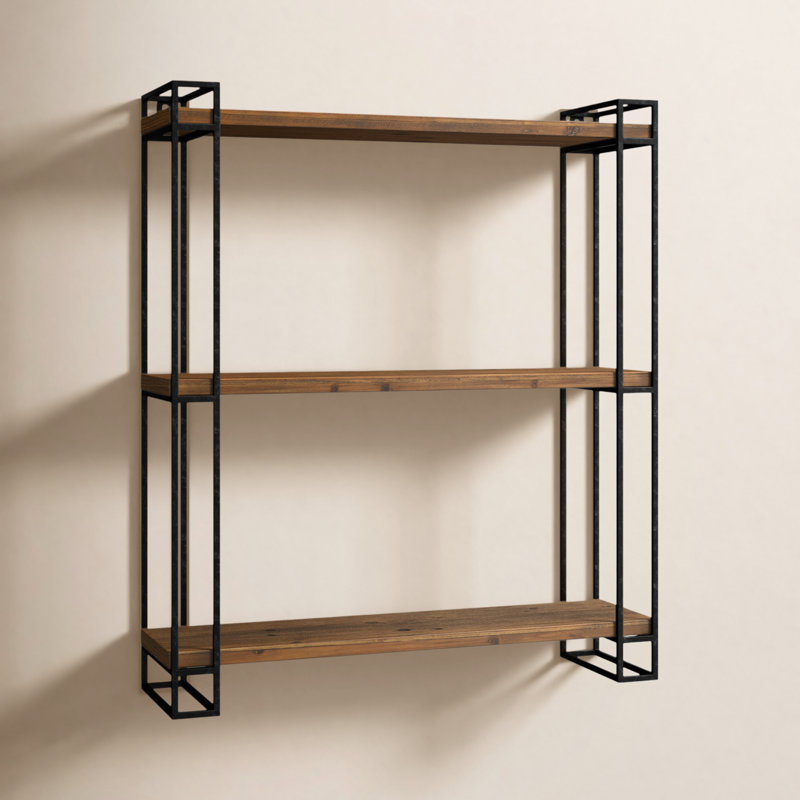 3 Piece Pine Floating Shelf, Brown/Black