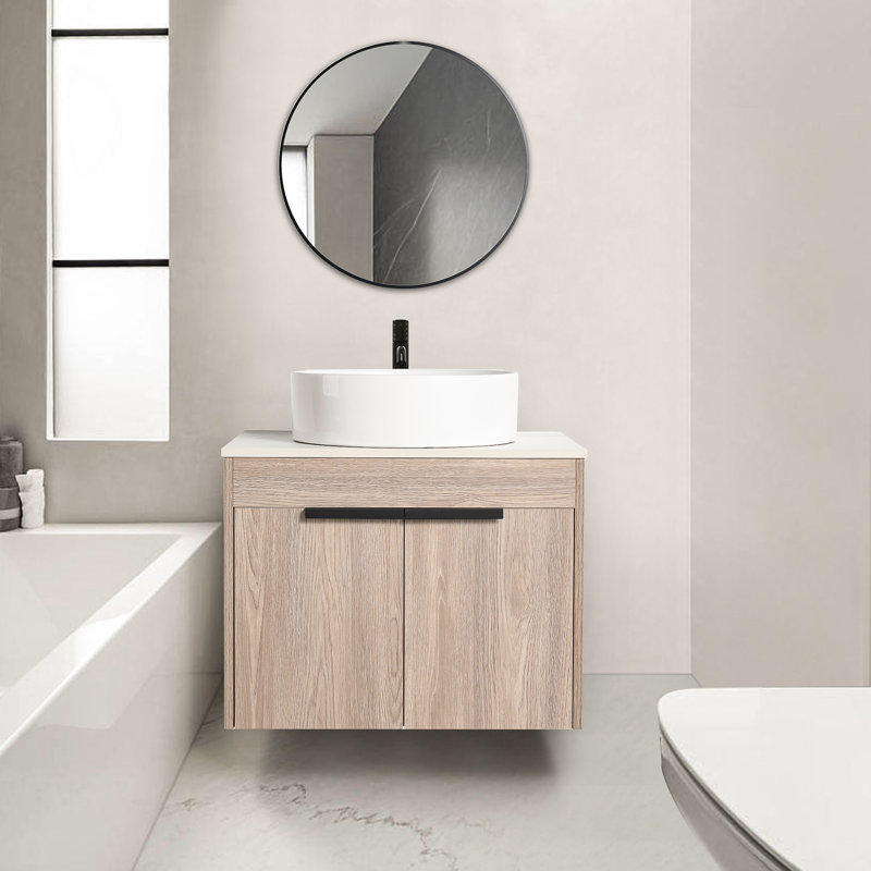 Ensemble de meuble-lavabo simple mural en chêne blanc Mariena de 24 po avec vasque en céramique