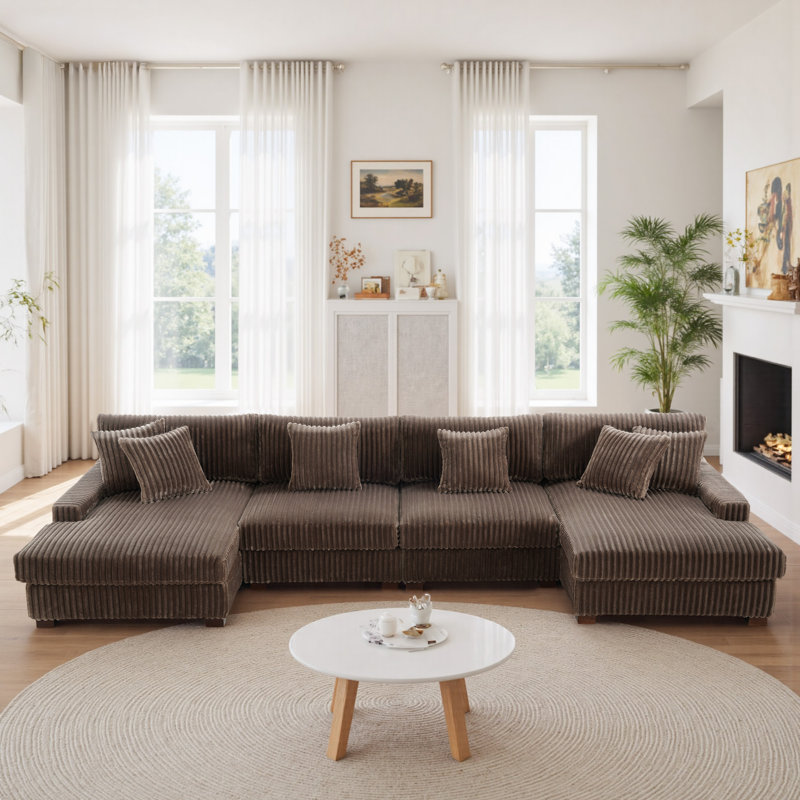 4 Seater Seating Component, Light Brown Faux Fur