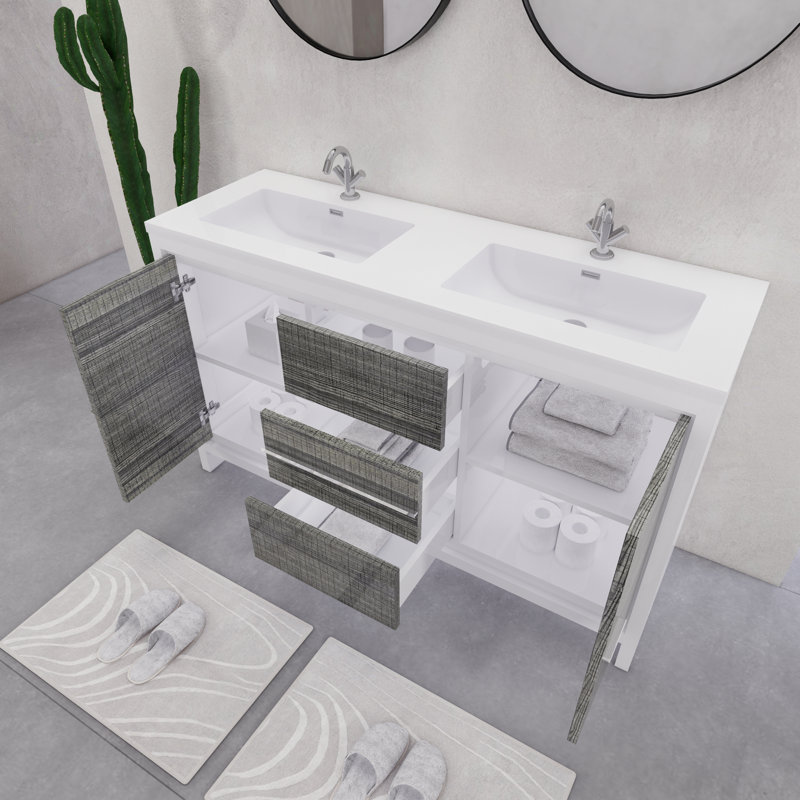 Eden 60" Double Sink Bathroom Vanity Set, Gloss White/Ash Gray