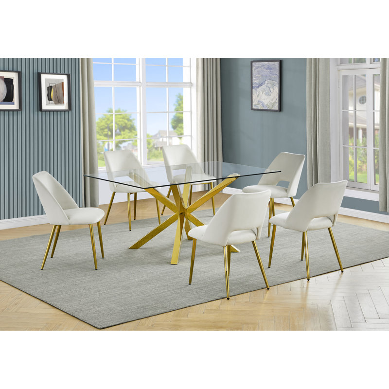 Ensemble de salle à manger rectangulaire en verre 63 po x 39 po avec chaises d'appoint en velours et base dorée, Crème, 7