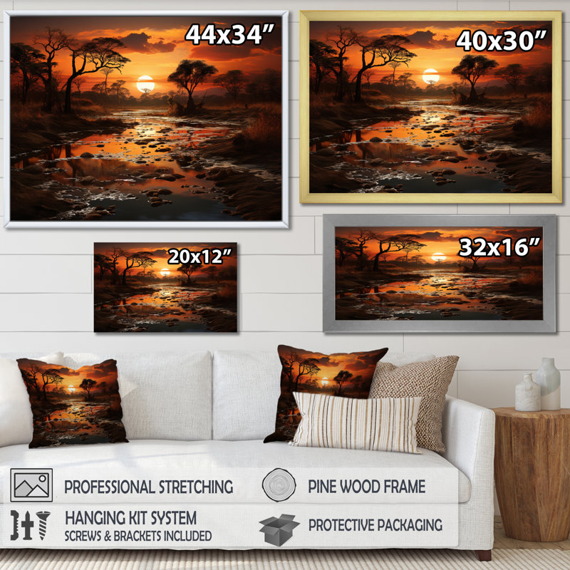 «African Sunset Oasis I», reproduction sur toile, H 24 po x l 32 po x P 1 po, Cadre flottant noir