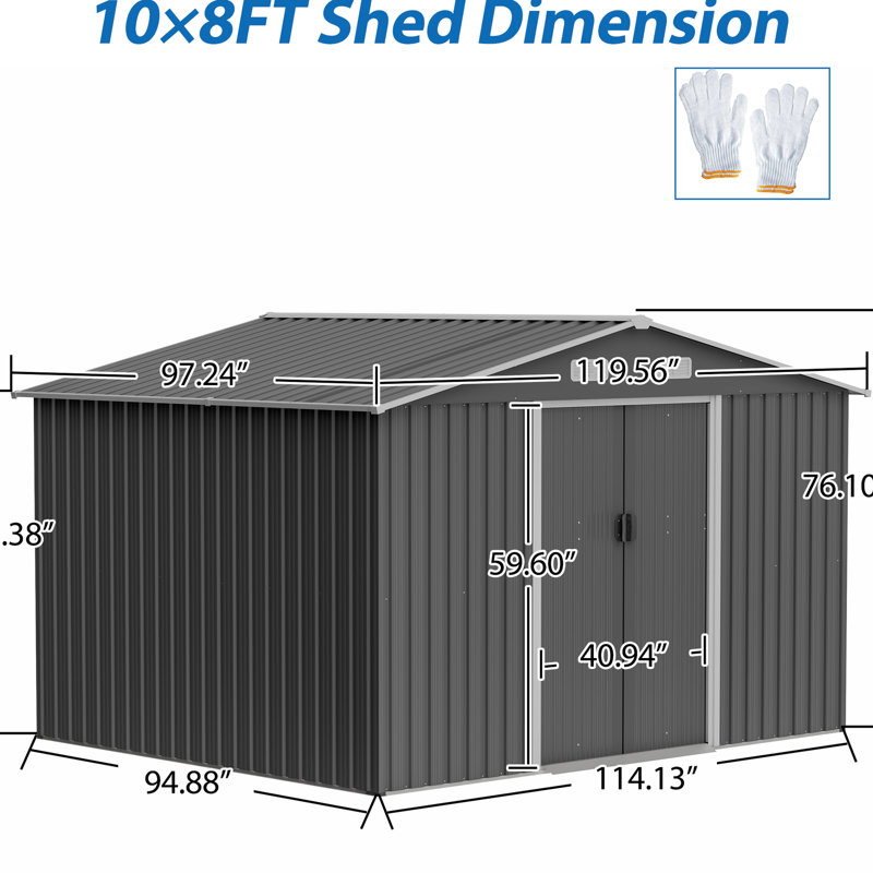 10x8 Ft Metal Foundation Outdoor Shed With Lockable Gate - Protected, All Weather, For Lawn, Gray Weather Pool Supplies Doors, Rust-, Gray, Patio