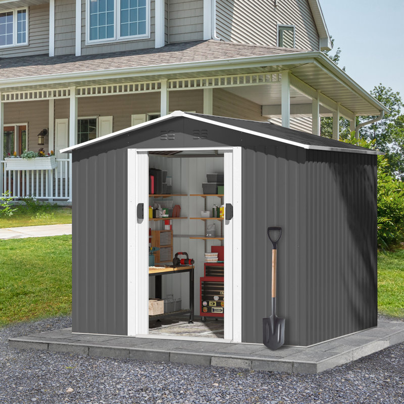 8 ft. W x 6 ft. D Tool Storage Outdoor Storage Shed with  with Floor, Lockable Sliding Doors and Vents, Light Gray
