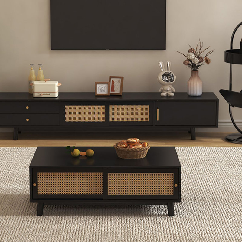 Meuble télé et table basse en hévéa, Noir, noir, noir, noir