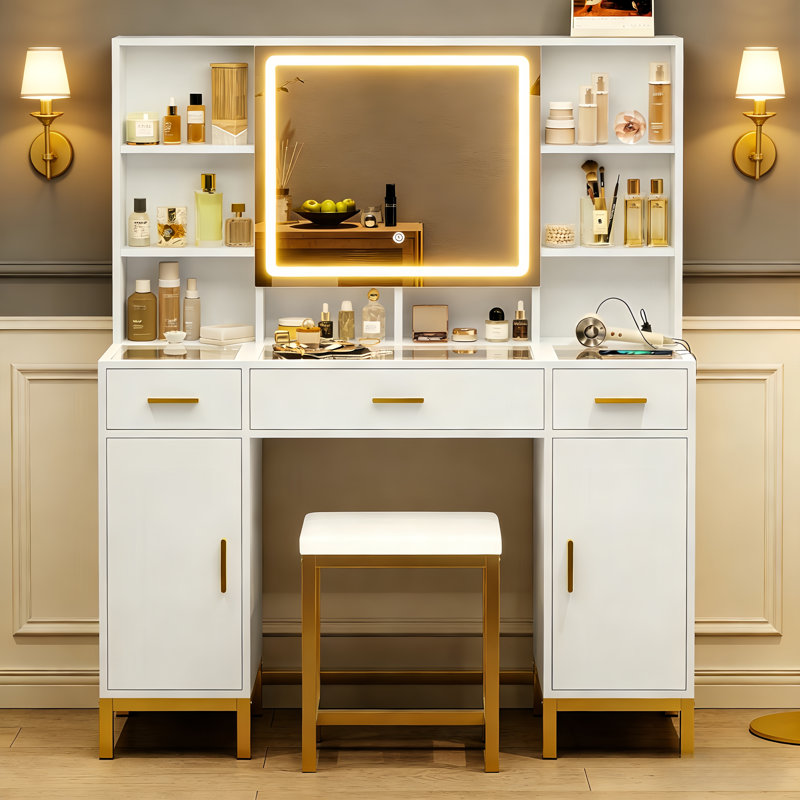 Ensemble de coiffeuse Mercer41 blanche l 43,3 po avec miroir éclairé tactile et tabouret avec tiroirs en verre, M Blanc
