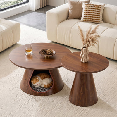 Ensemble de 2 tables basses gigognes, tables d'appoint rondes avec lit-grotte intégré pour chat, table de bout moderne avec plateau en grain de bois de mélamine et base en acier au carbone pour petit salon, noyer