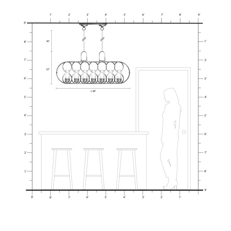 Luminaire suspendu linéaire pour îlot de cuisine 7 lumières Cheridy, Bronze vieilli