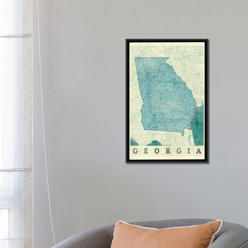 «Georgia Map», impression sur toile, H 26 po x l 18 po x P 1,5 po, Toile avec cadre noir, Pas de tapis