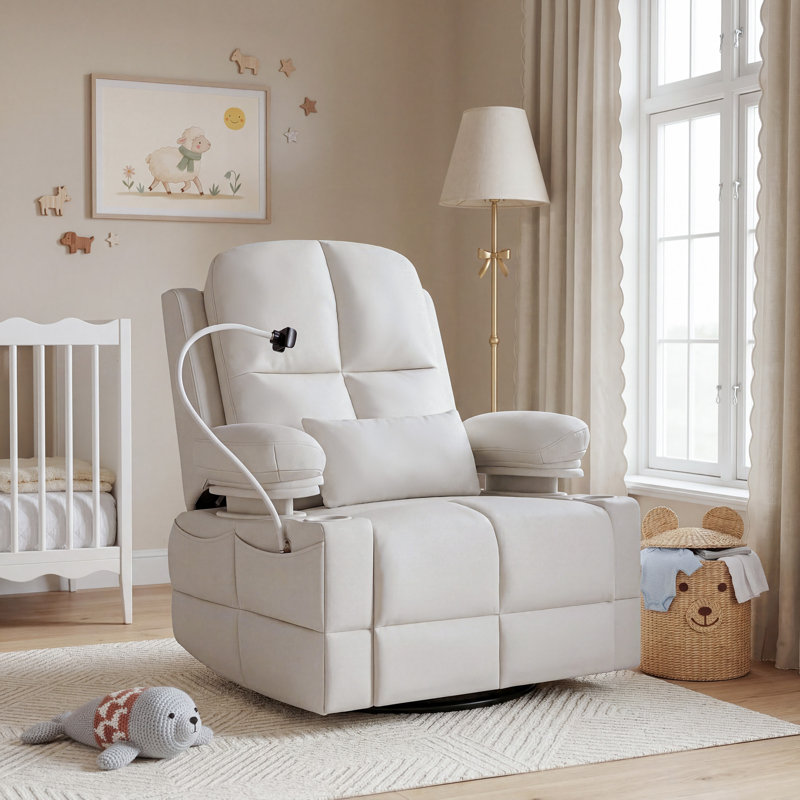 38.9"W Power Swivel Nursery Glider With HugAssist Armrest And Dual Charging Port, Vanilla
