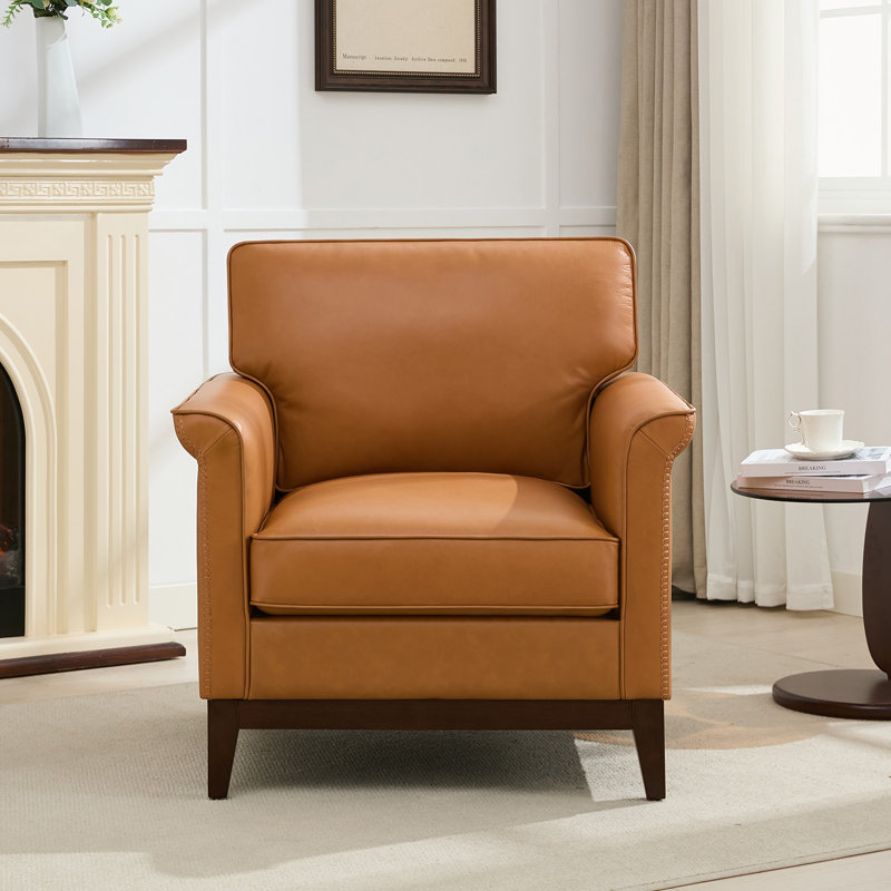 Hamse Genuine Leather Upholstered Accent Armchair, Brown Genuine Leather