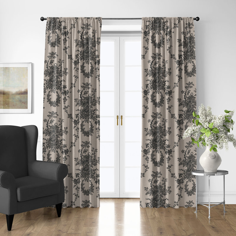 Country Lane Toile  Natural Cotton Simple Top Pocket Drapery Panel Set of 2, 50" W x 96" L, Ebony