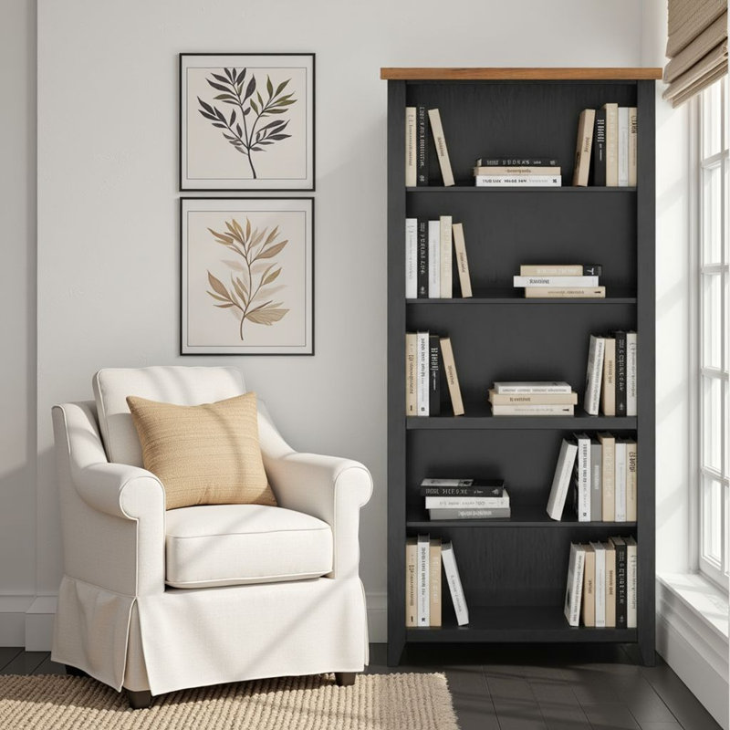 Columbia 72" Farmhouse Bookcase, Black/Whiskey, (5 Shelves) 72" H x 34" W x 11" D