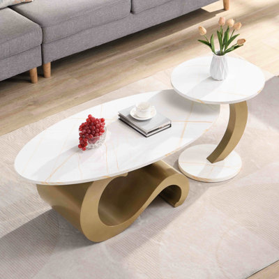 Table basse ovale et ronde dorée pour la maison - 2 pièces, salon, 2 pièces dorées, rondes, design