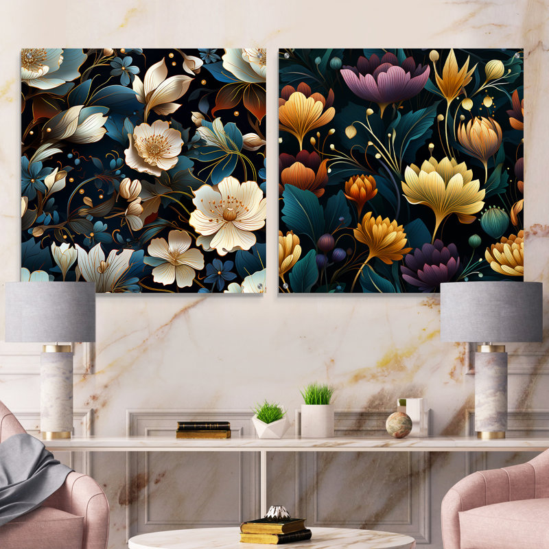 Jewel Tones Flowers Blooms - Ensemble de 2 peintures murales en acrylique, H 16 po x l 33 po