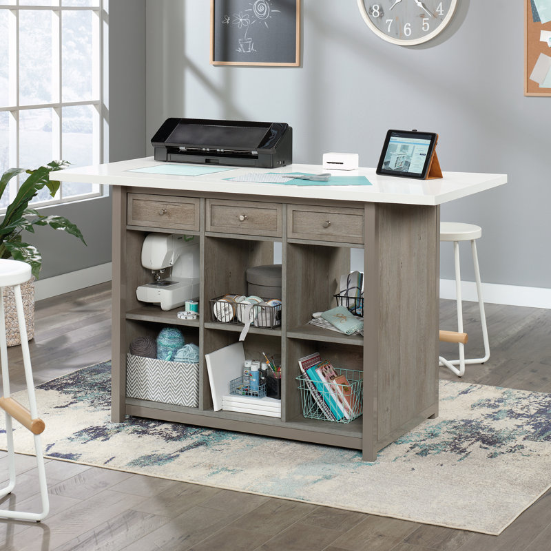 Folding Sewing Craft Table with Storage Bins & Shelves