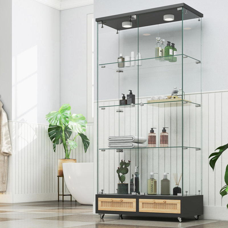 Modern Glass Display Cabinet With Large Drawers, Black