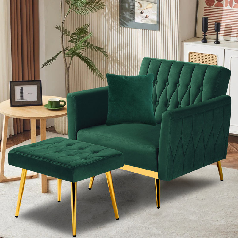 Siemon Velvet Accent Chair with Ottoman, Dark Green Velvet