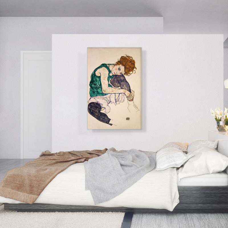 Femme assise avec un genou plié 1917 par Egon Schiele - reproduction d'art sur toile tendue, H 40 po x l 26 po x P 0,75 po