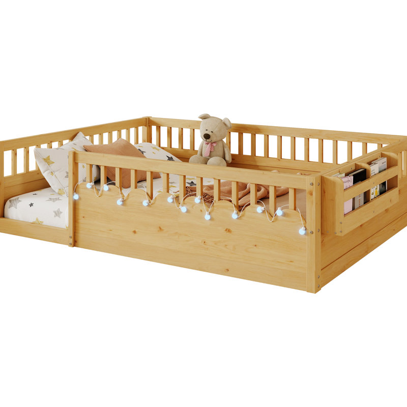 Lit à plancher double naturel, rails hauts, lit en bois avec tablette à DEL et de rangement, améliore le sommeil, le rangement et l'espace sécuritaire confortable