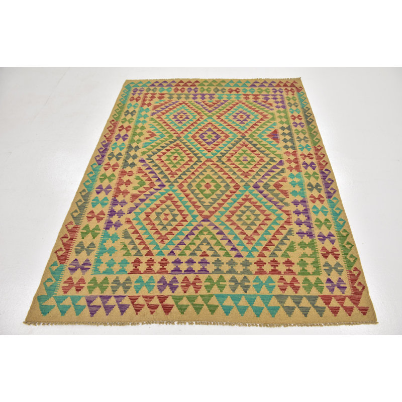 Tapis de zone en laine beige/orange 4 pi 10 po x 6 pi en laine one-of-kind-noué la main Lorain