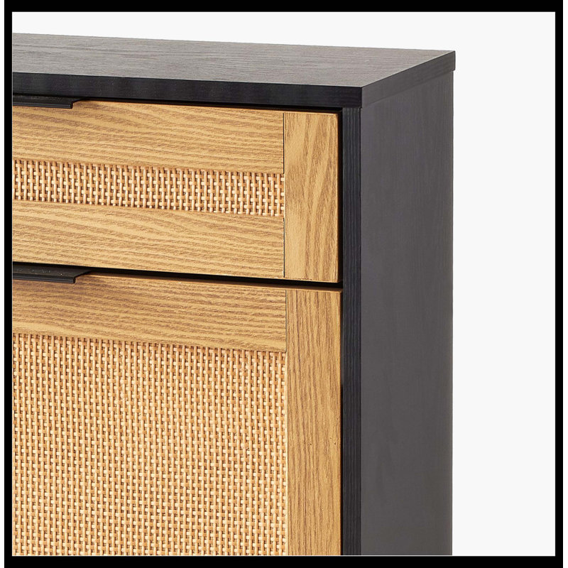 Rattan Shoe Cabinet, Narrow Shoe Storage Organizer with 2 Flip Rattan Drawers & 1 Slide Drawer, Metal Legs, Slim Shoe Entryway Cabinet Ideal for Entryway, Closet, Hallway, Black