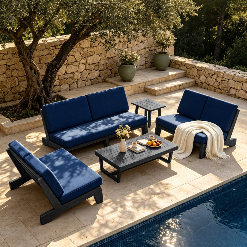 Ensemble de conversation Polett, 5 pièces: 2 tables, 2 causeuses, canapé, Navy, Black