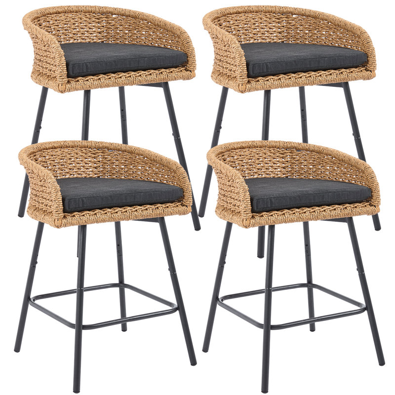 Outdoor Counter Height Patio Bar Stools Set of 4, PE Rattan Counter Stools with Removable Cushions for Garden, Lawn, Pool & Backyard