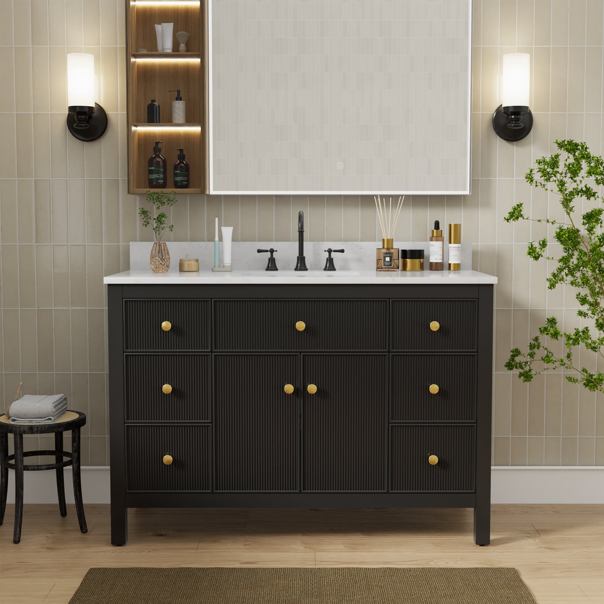 48" Fully Assembled Single Bathroom Vanity with Engineered Stone Top, Ceramic Sink, Hand Paint, Black/Gold