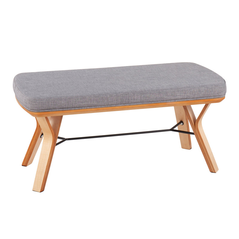 Banc Mid-Century moderne en bois naturel et tissu gris clair, Gris, Naturel