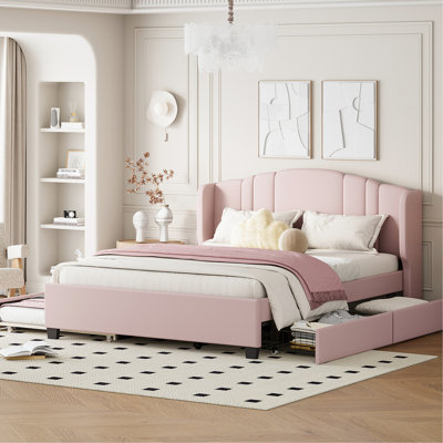 Pink Upholstered Platform Bed With Wingback Headboard - No Box Spring Needed, 2 Drawers & Twin Trundle For Long-Lasting Bedroom Durability In Spring, Functional And Attractive