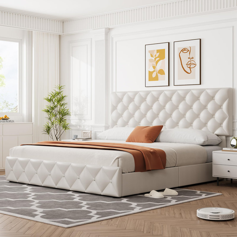 Bed Frame With Adjustable Headboard And 4 Storage Drawers, Linen Upholstered Platform Bed Frame, White, King