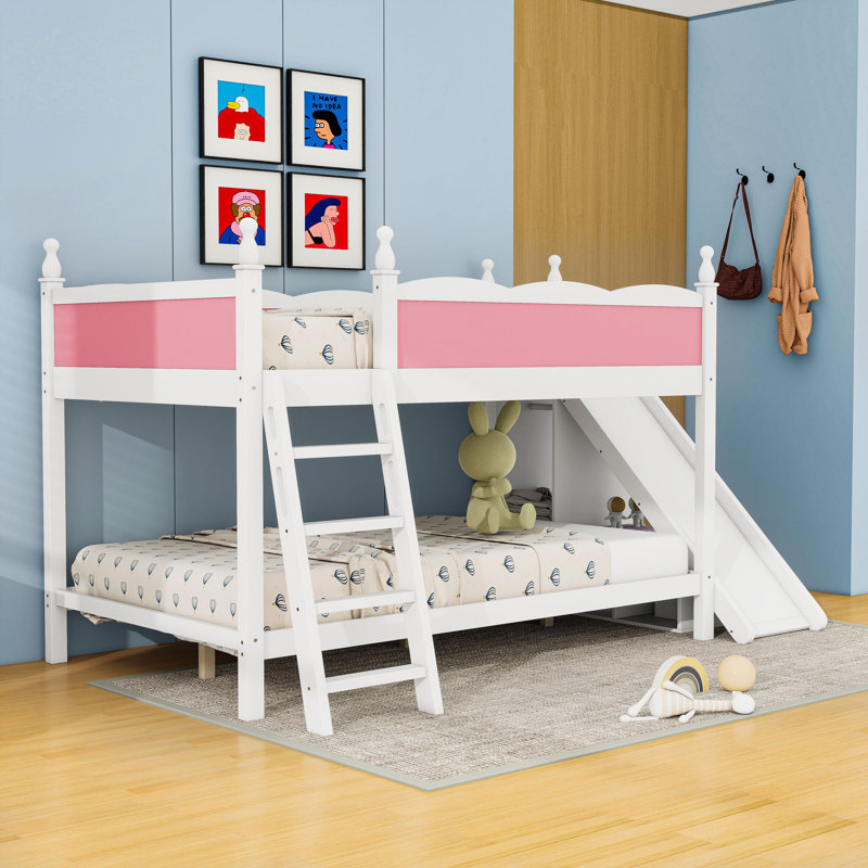 Lit superposé double en bois avec glissière et tablettes de rangement, Pink White