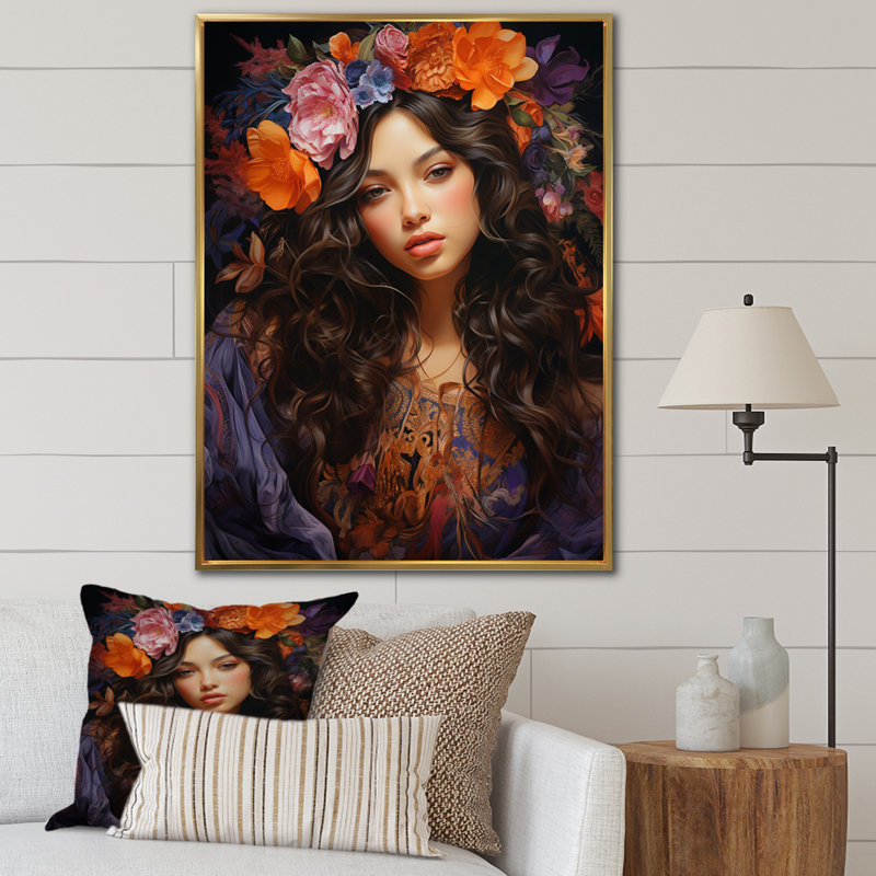 Boho Latina, enchantement floral sur toile, H 20 po x l 12 po x P 1 po, Cadre flottant doré