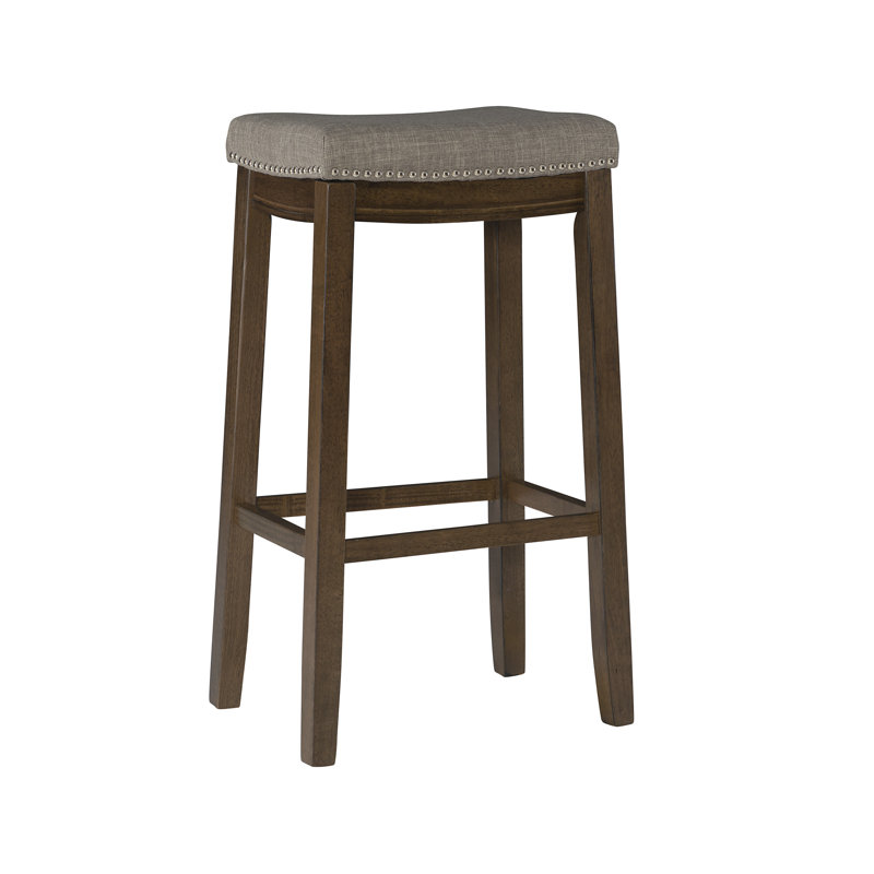 Bartonville Counter & Bar Solid Wood Backless Stool with Upholstered Seat, Gray Viscose/Rustic Dark Brown