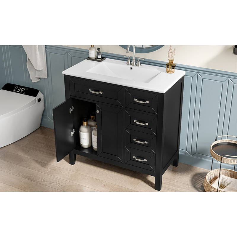 Ensemble de meuble-lavabo 36 po avec lavabo, armoire de salle de bain noire avec tiroirs, structure solide et panneau de fibres à densité moyenne