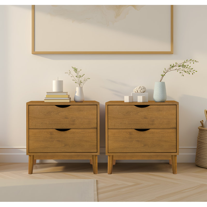 Table de chevet 2 tiroirs avec base en bois massif (ensemble de 2), Beige