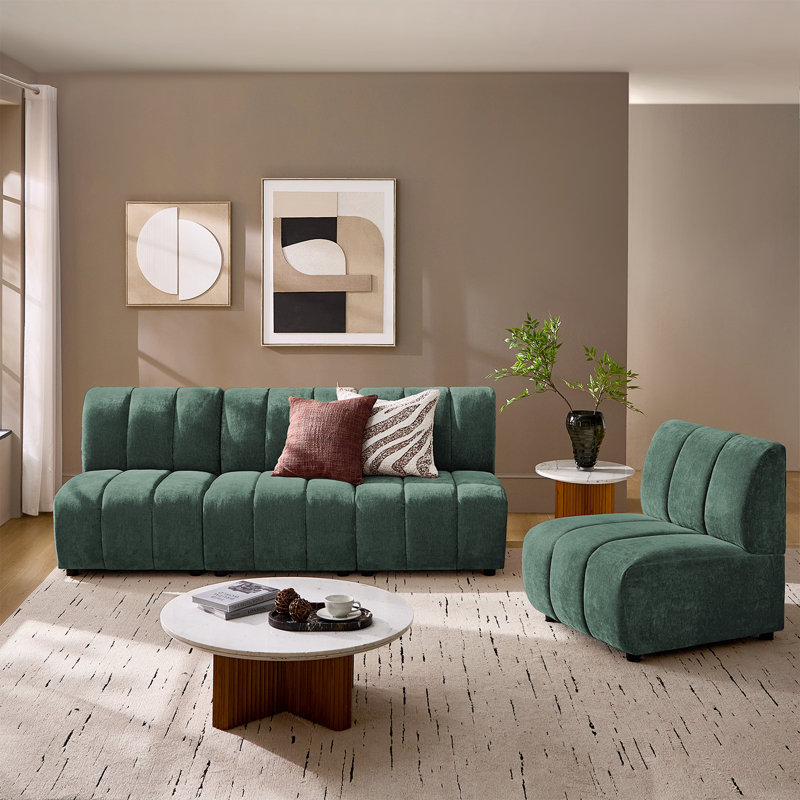 Shalon 112" Modern Modular Chenille 4-Piece Channel Tufted Sofa Set, Green