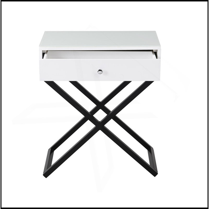 23" Wooden End Side Table Nightstand With Top, Drawer And Cross Base, White