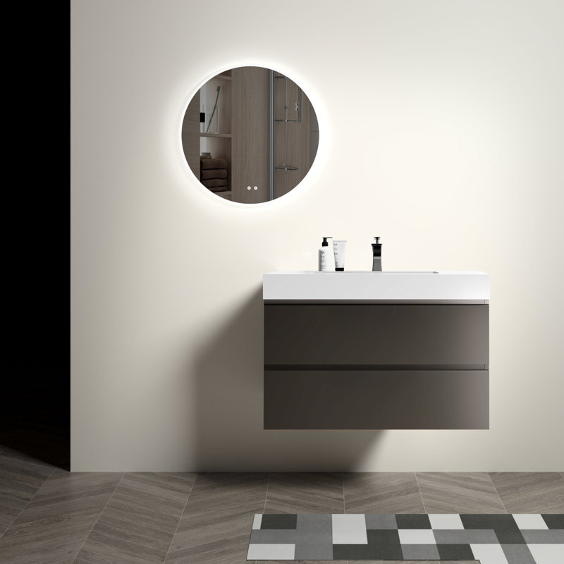 Meuble-lavabo gris avec lavabo - Évaluation murale moderne, amplificateur de rangement à double tiroir, moteur silencieux, poignée sophistiquée - armoire spacieuse de 36 po, glissières et conception élégante