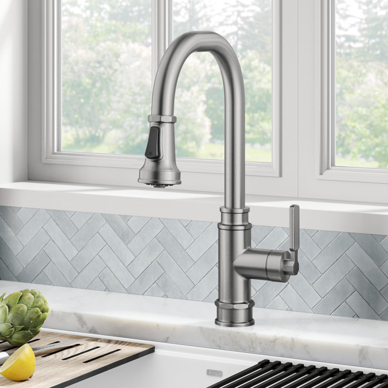 Allyn Transitional Industrial Pull-Down Single Handle Kitchen Faucet, Silver