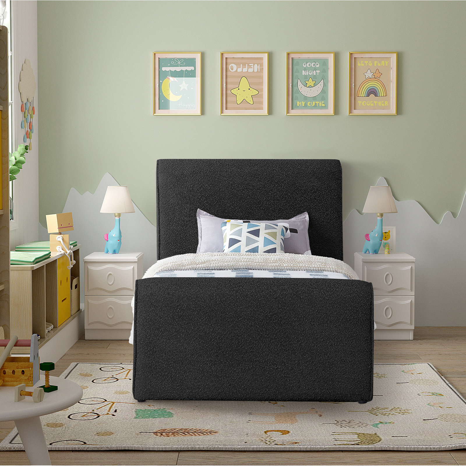 Chaylin Platform Bed, Black Boucle Fabric, Full