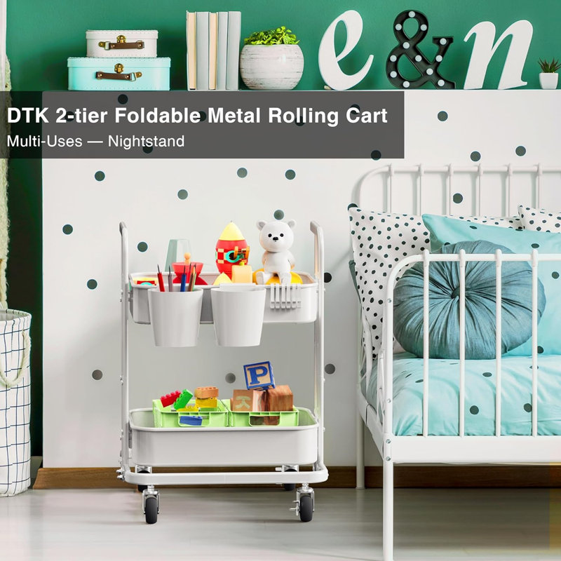 2 Tier Foldable Rolling Cart, Metal Utility Cart with Lockable Wheels, Folding Storage Trolley, White