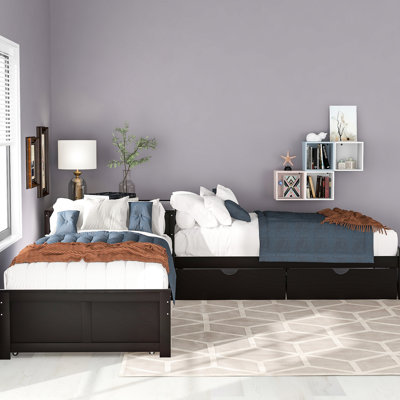 L-shaped Twin Bed In Rich With Drawer And Trundle Storage Functional Drawers